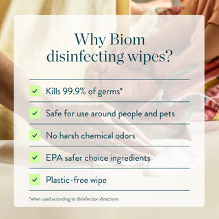 Biom disinfecting wipes advertisement with text highlighting benefits
